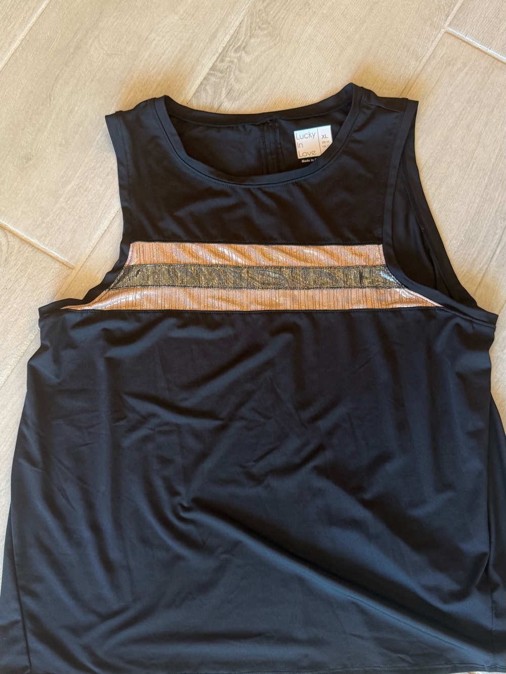 Lucky in Love Black Tank with Metallic Rose-Gold and Gold Stripes